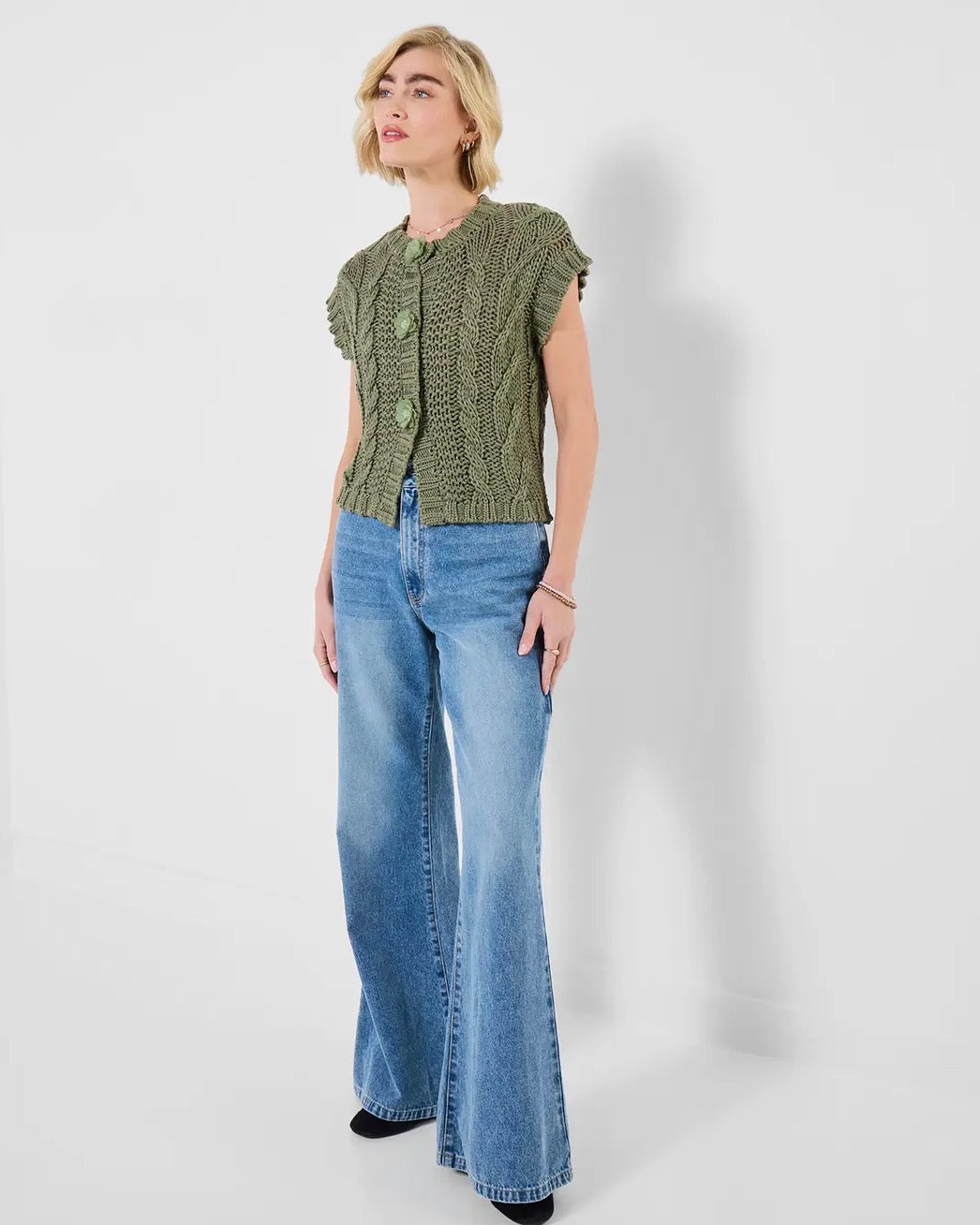 Sleeveless Cable Knit Cardigan - Khaki Green