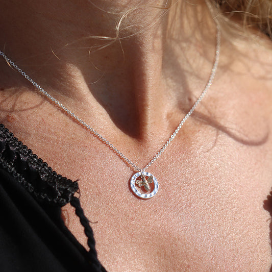 Bee Necklace in Hammered Silver Hoop