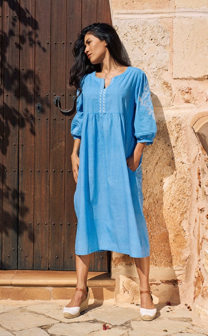 Sanremo Cotton Dress Embroidered Details - Blue