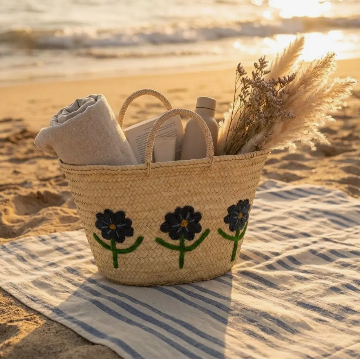 Woven Straw Tote bag - blue floral embroiderd basket