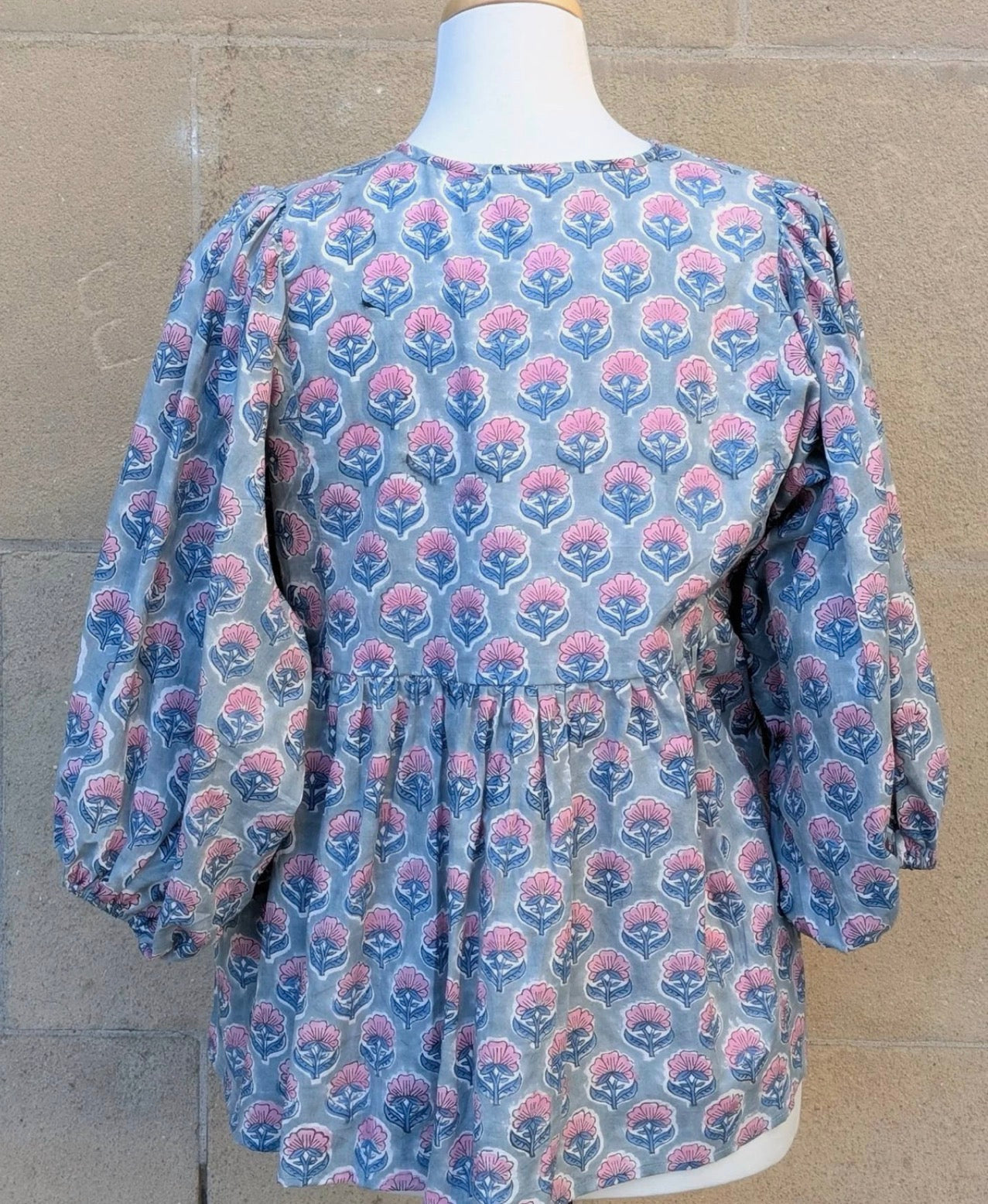 Joni Blue & Pink Floral Print Cotton Blouse | Lightweight Boho Top