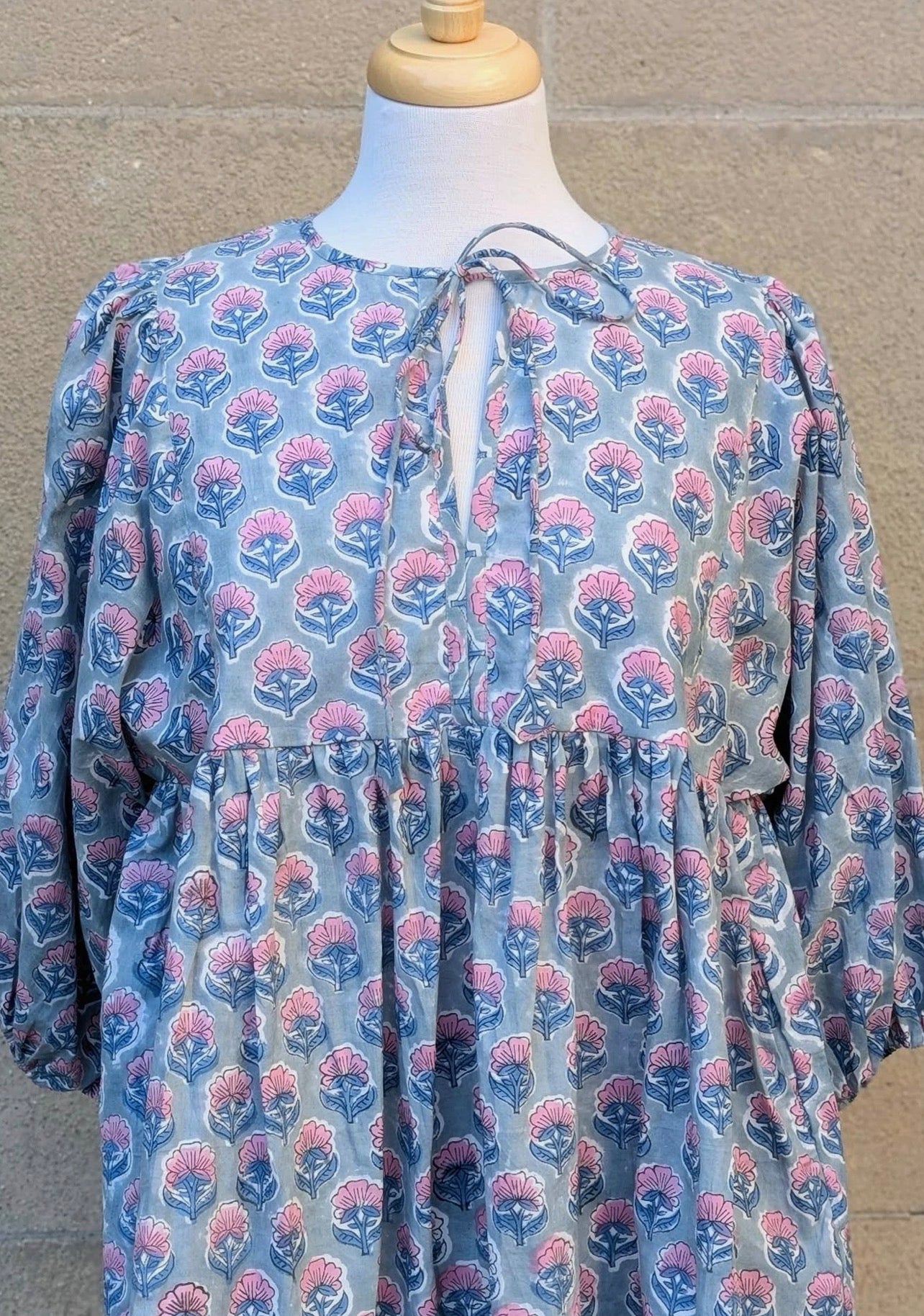 Joni Blue & Pink Floral Print Cotton Blouse | Lightweight Boho Top