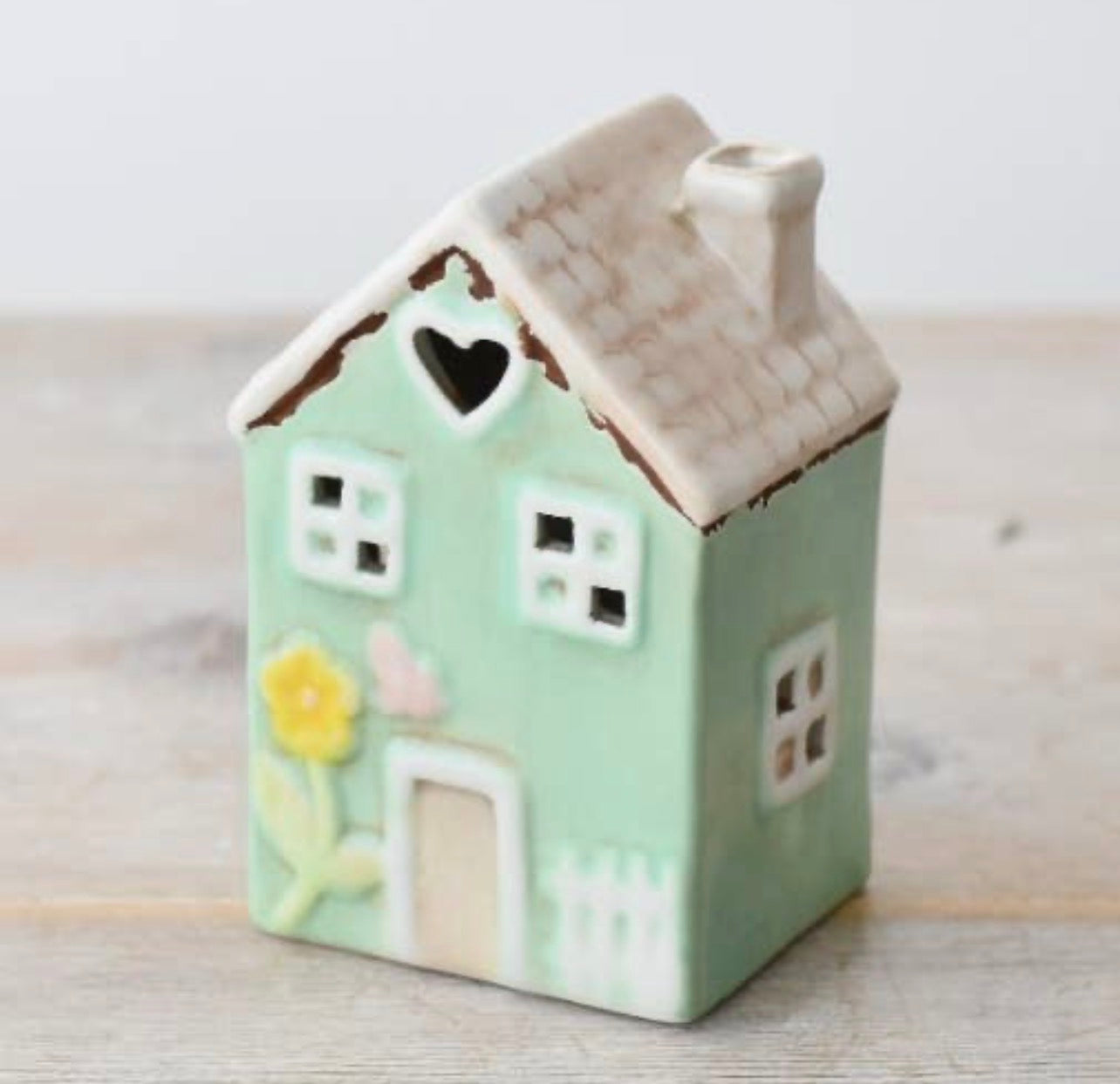LED Ceramic Cottage Light – Green Floral House Ornament