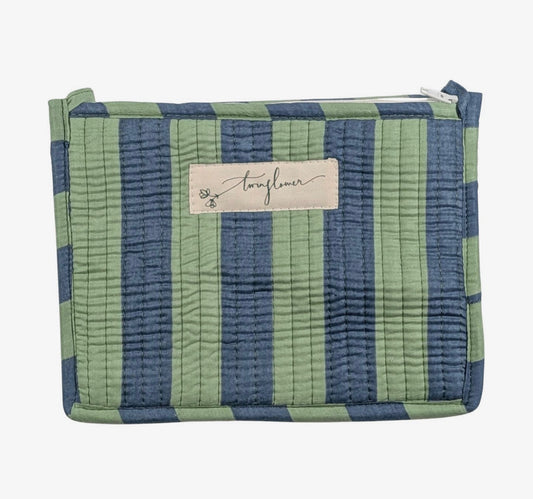 Quilted Blue & Green Stripe Medium Zip Purse | Cotton Pouch