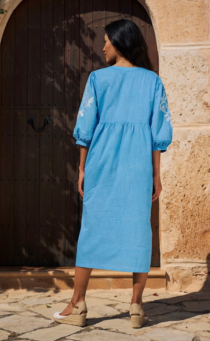 Sanremo Cotton Dress Embroidered Details - Blue