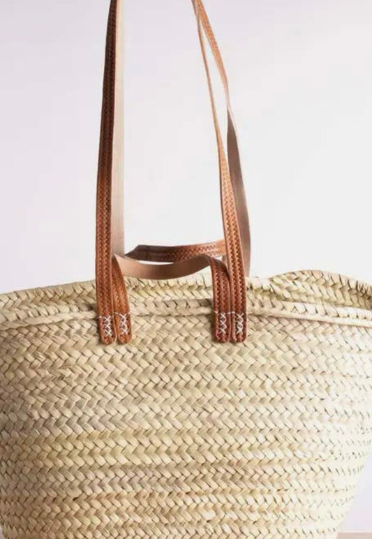 French Woven Market Basket with Hand-Stitched Leather Handles