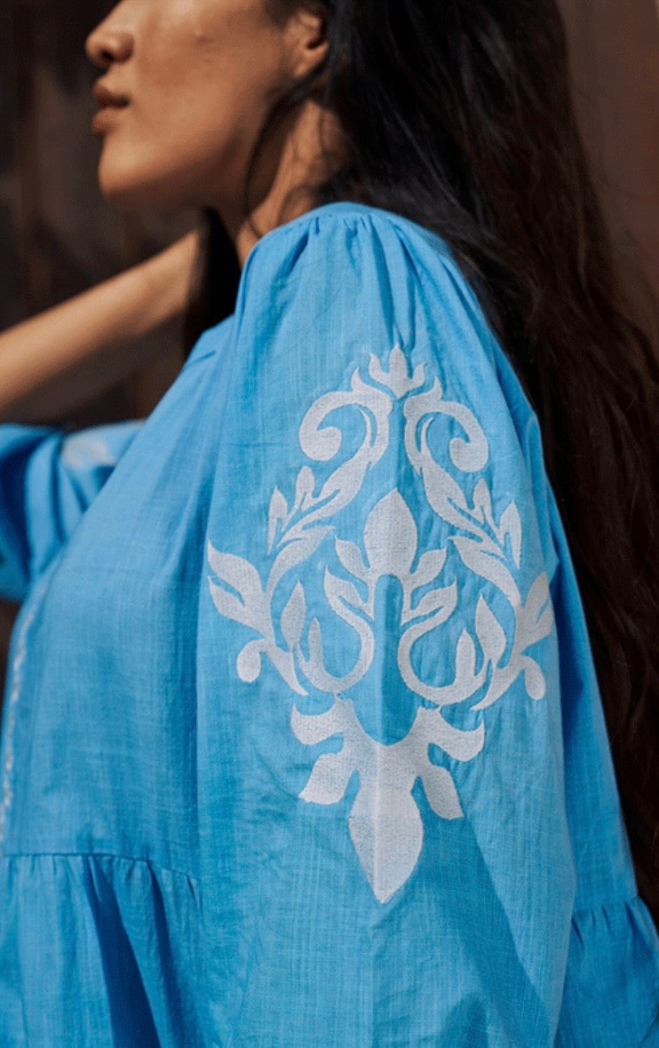 Sanremo Cotton Dress Embroidered Details - Blue