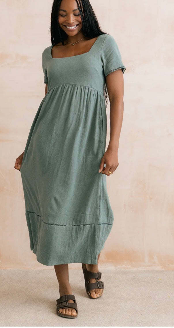 Green Linen Midi Dress