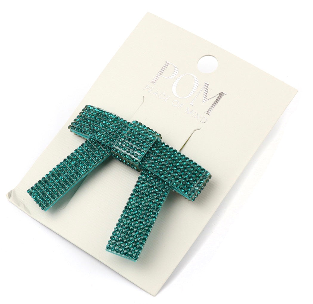 Teal Crystal Studded Bow Hair Clip