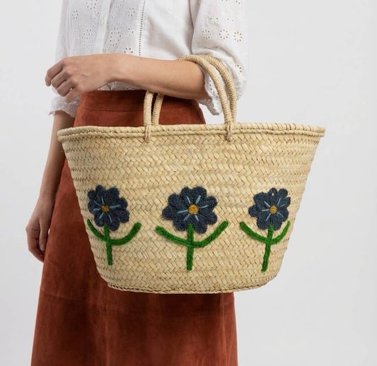 Woven Straw Tote bag - blue floral embroiderd basket