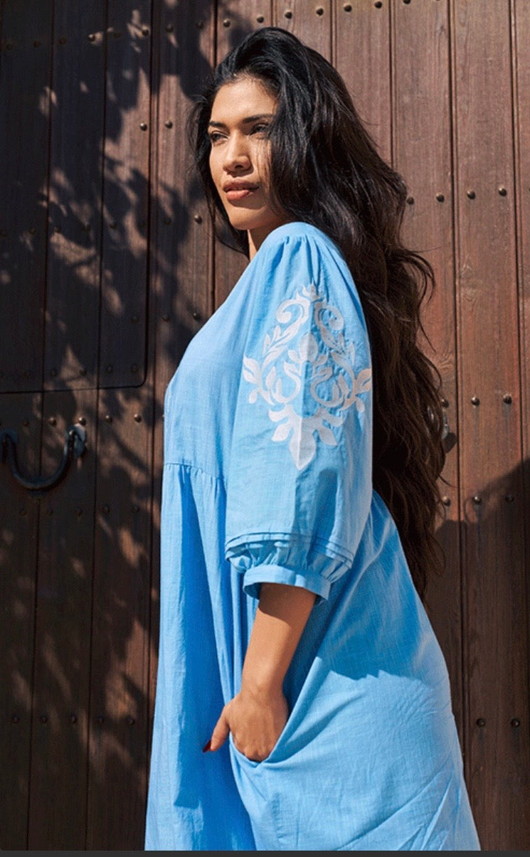 Sanremo Cotton Dress Embroidered Details - Blue