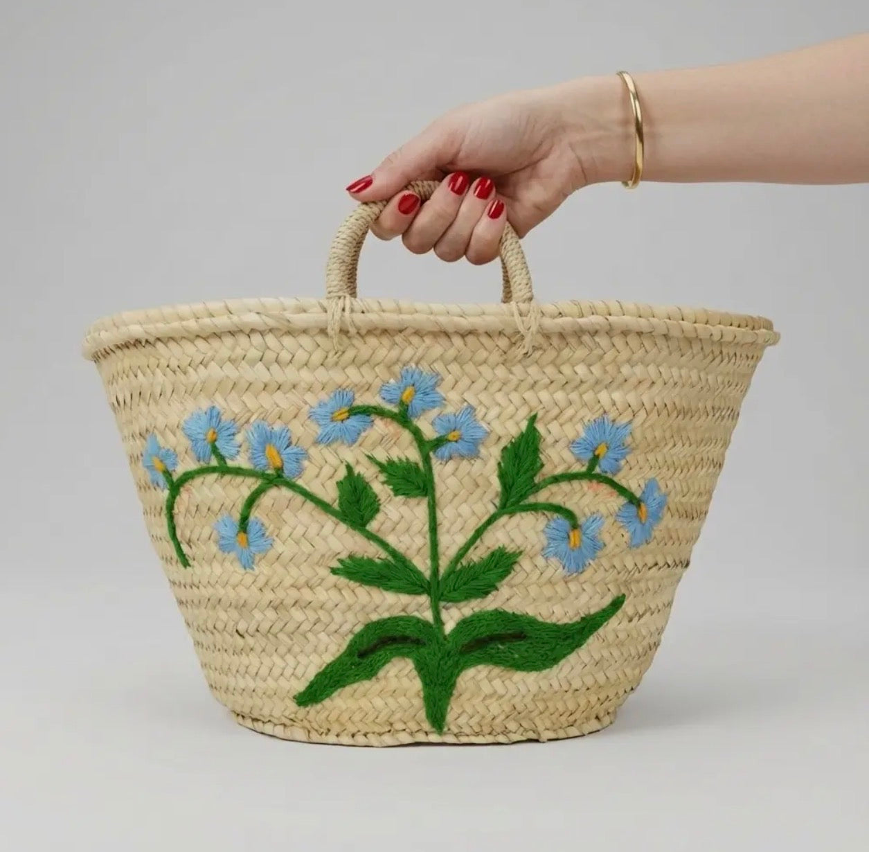 Forget-Me-Not Embroidered Woven Straw Tote Bag