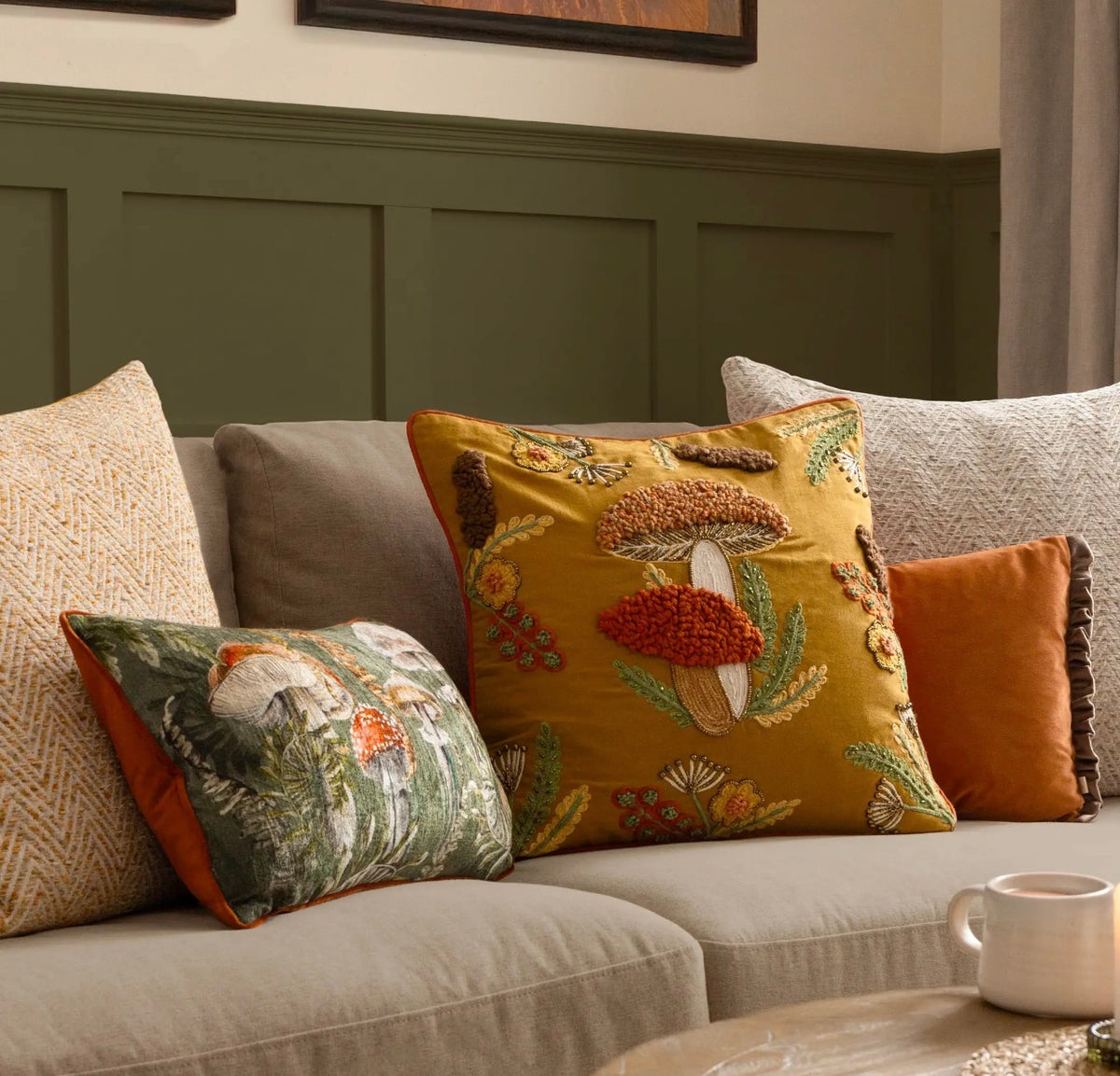 Wylder Mushroom Dell Embroidered Cushion – Autumn Gold, 45 × 45cm