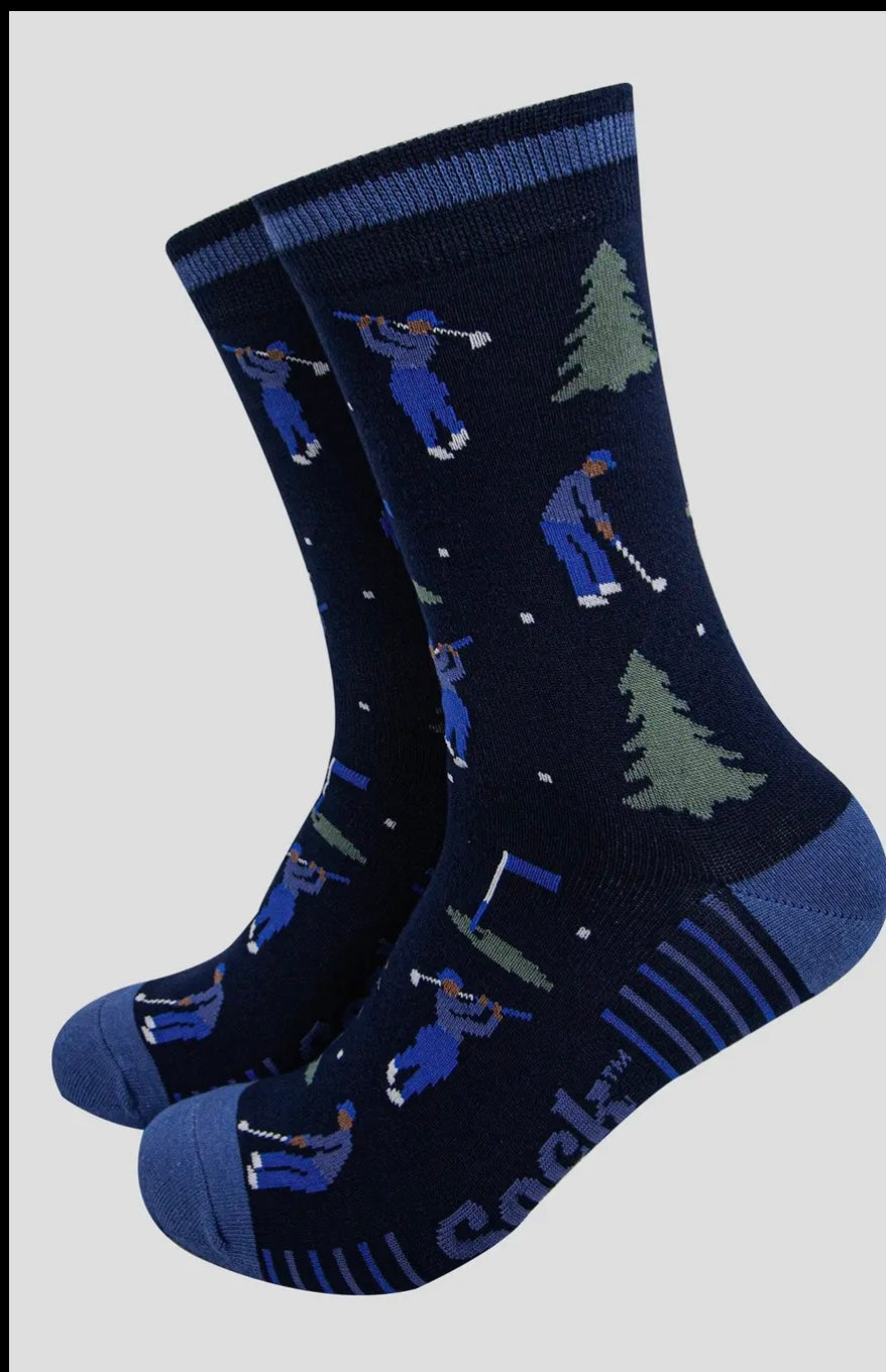 Men’s Bamboo Socks- Navy Blue, Golfer and Trees
