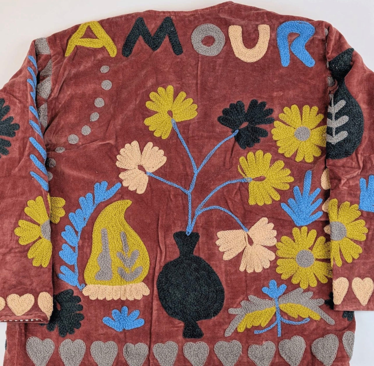 Amour Hand-Embroidered Velvet Boho Kimono Jacket | 100% Cotton | One Size (UK 8–14)