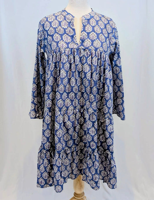 Sofia 100% Cotton Block Print Summer Dress | Blue Boho Tiered Dress