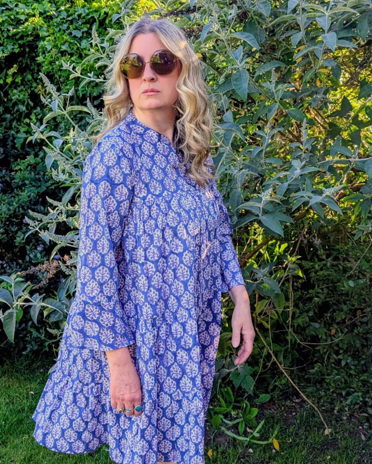 Sofia 100% Cotton Block Print Summer Dress | Blue Boho Tiered Dress
