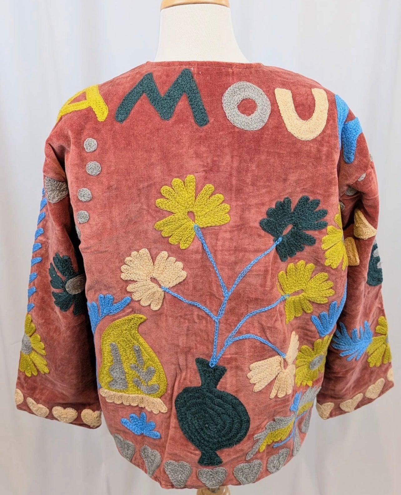 Amour Hand-Embroidered Velvet Boho Kimono Jacket | 100% Cotton | One Size (UK 8–14)