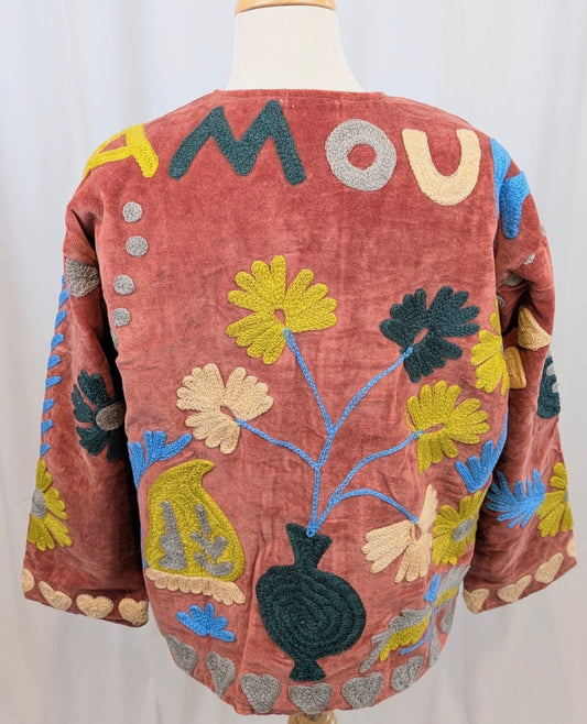 Amour Hand-Embroidered Velvet Boho Kimono Jacket | 100% Cotton | One Size (UK 8–14)