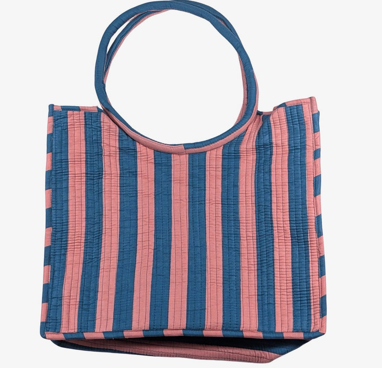 Quilted Peach & Teal Stripe Tote Bag | Spacious Everyday Shoulder Bag