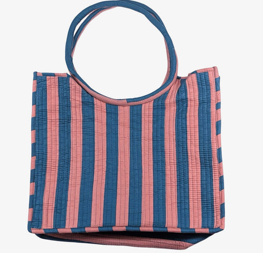 Quilted Peach & Teal Stripe Tote Bag | Spacious Everyday Shoulder Bag