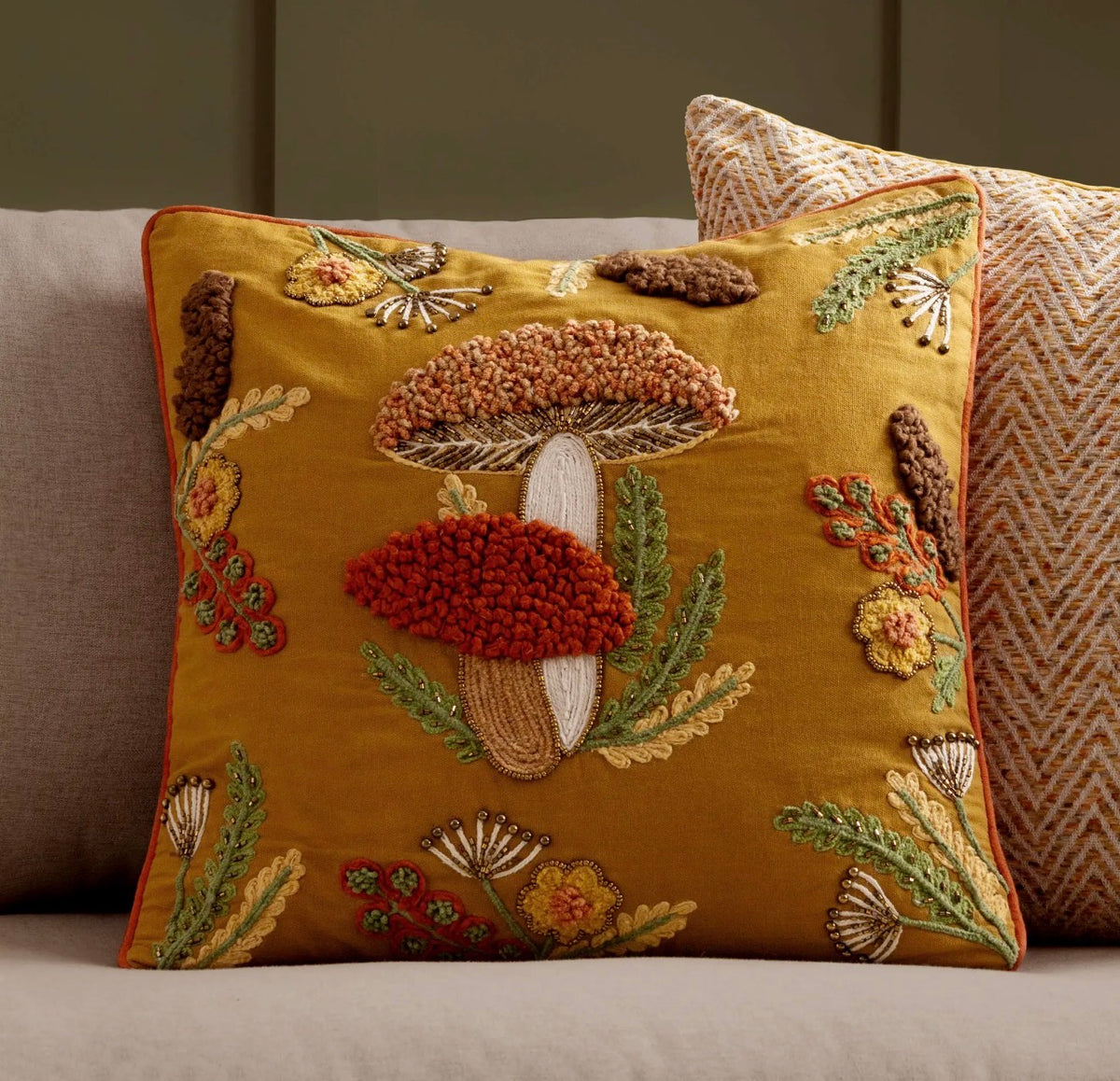Wylder Mushroom Dell Embroidered Cushion – Autumn Gold, 45 × 45cm