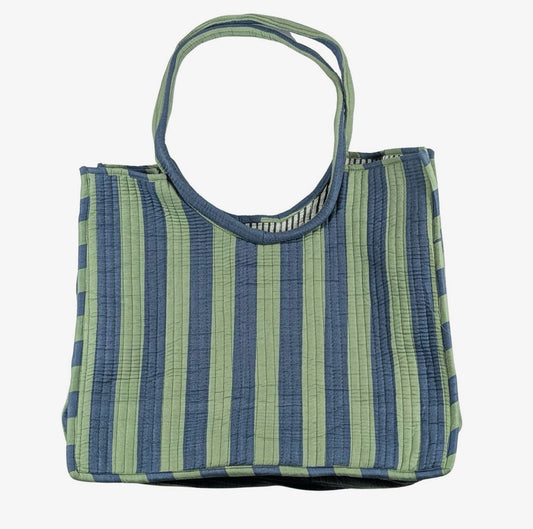 Quilted Blue & Green Stripe Tote Bag | Spacious Everyday Shoulder Bag
