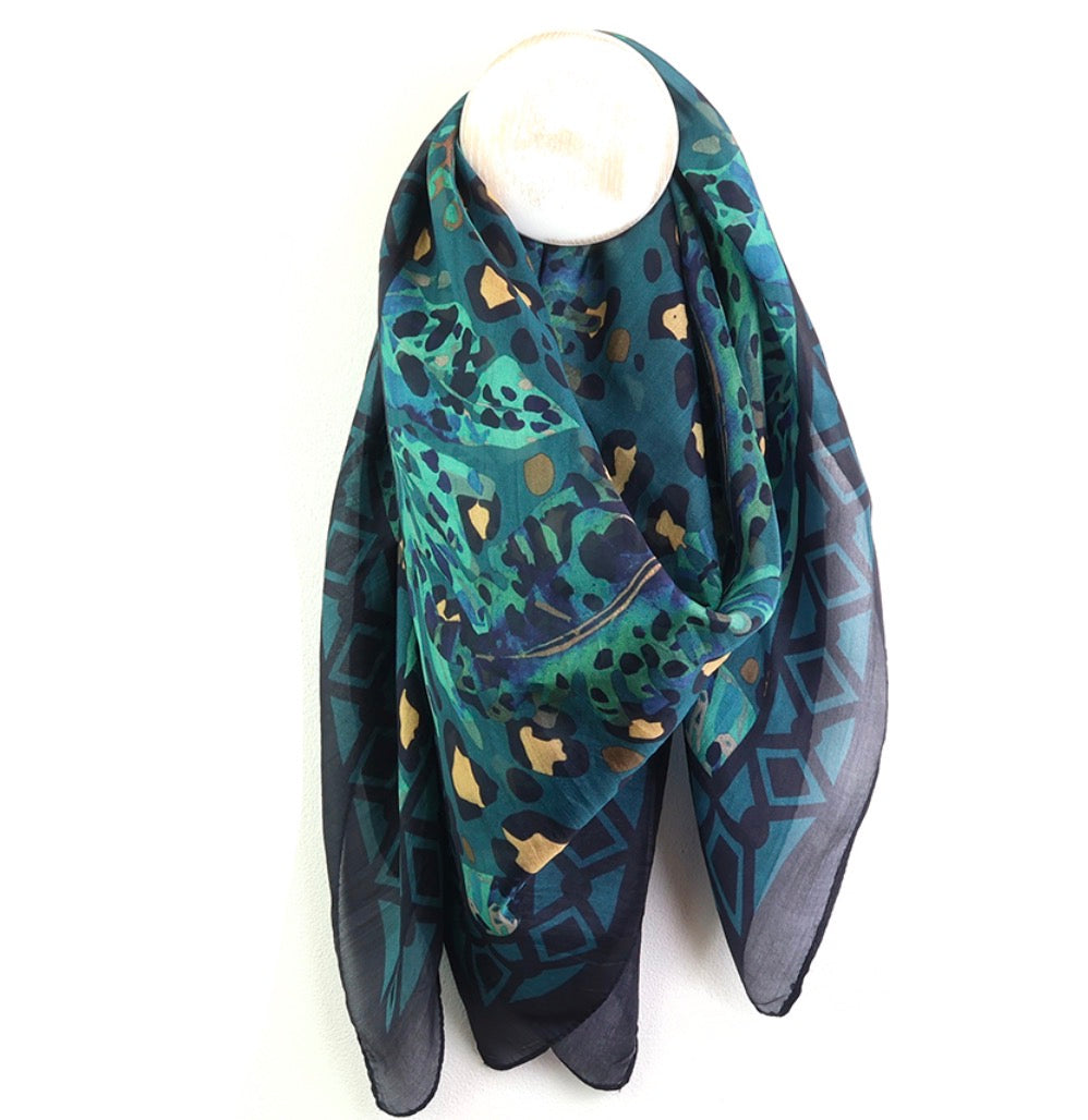 Teal and navy silk botanical and animal print square scarf