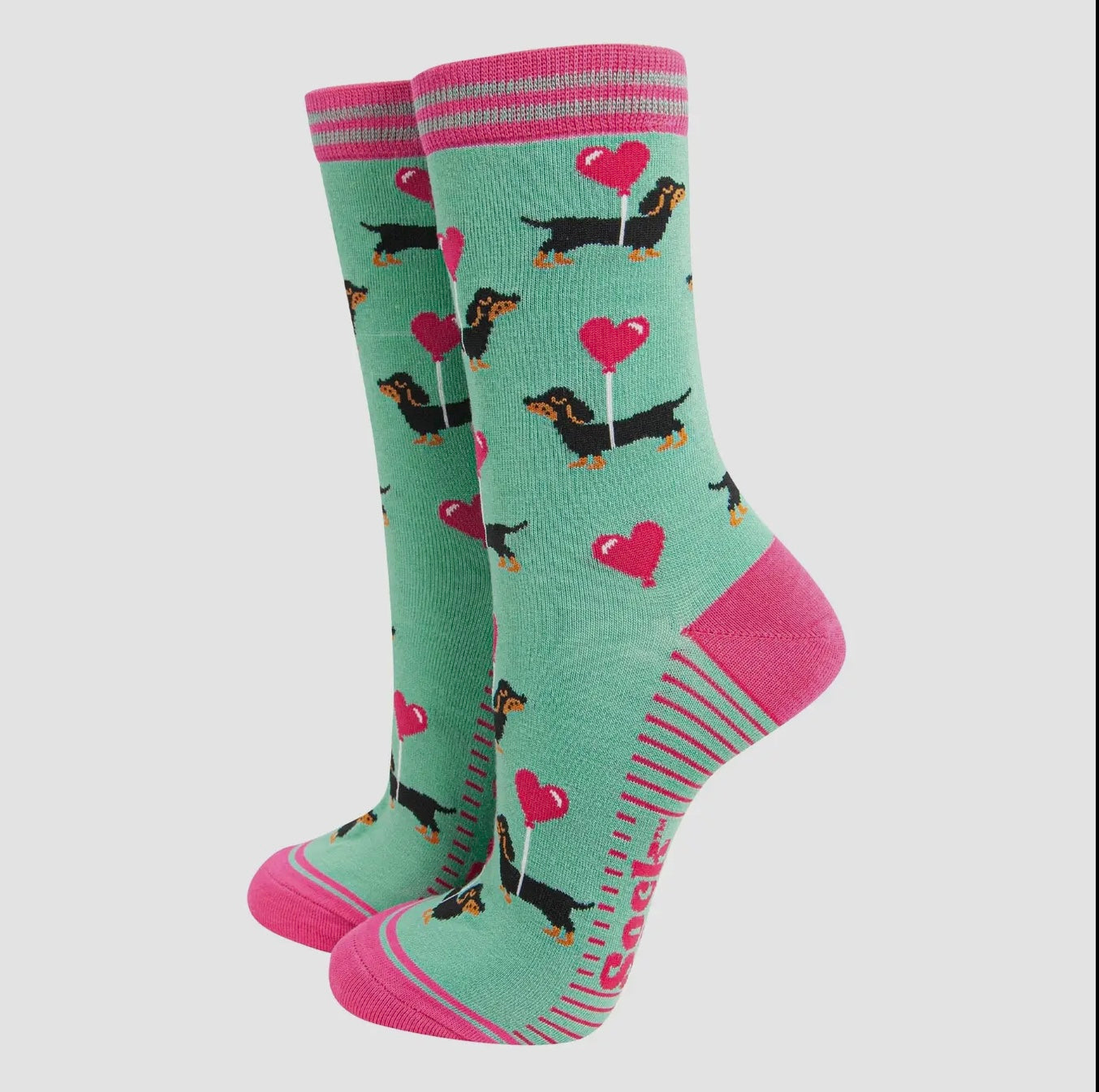 Women’s Bamboo Socks- Mint, Sausage Dog Love Heart Balloon