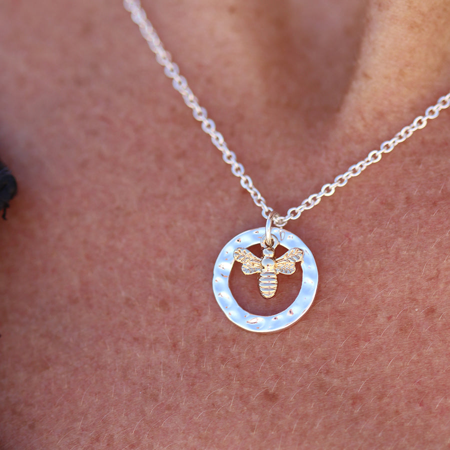 Bee Necklace in Hammered Silver Hoop
