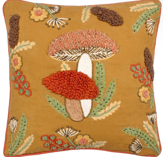 Wylder Mushroom Dell Embroidered Cushion – Autumn Gold, 45 × 45cm