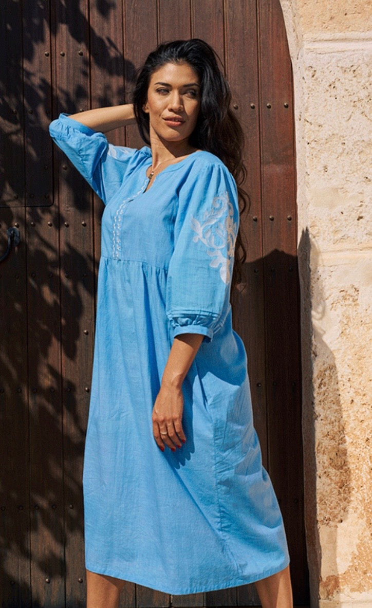 Sanremo Cotton Dress Embroidered Details - Blue