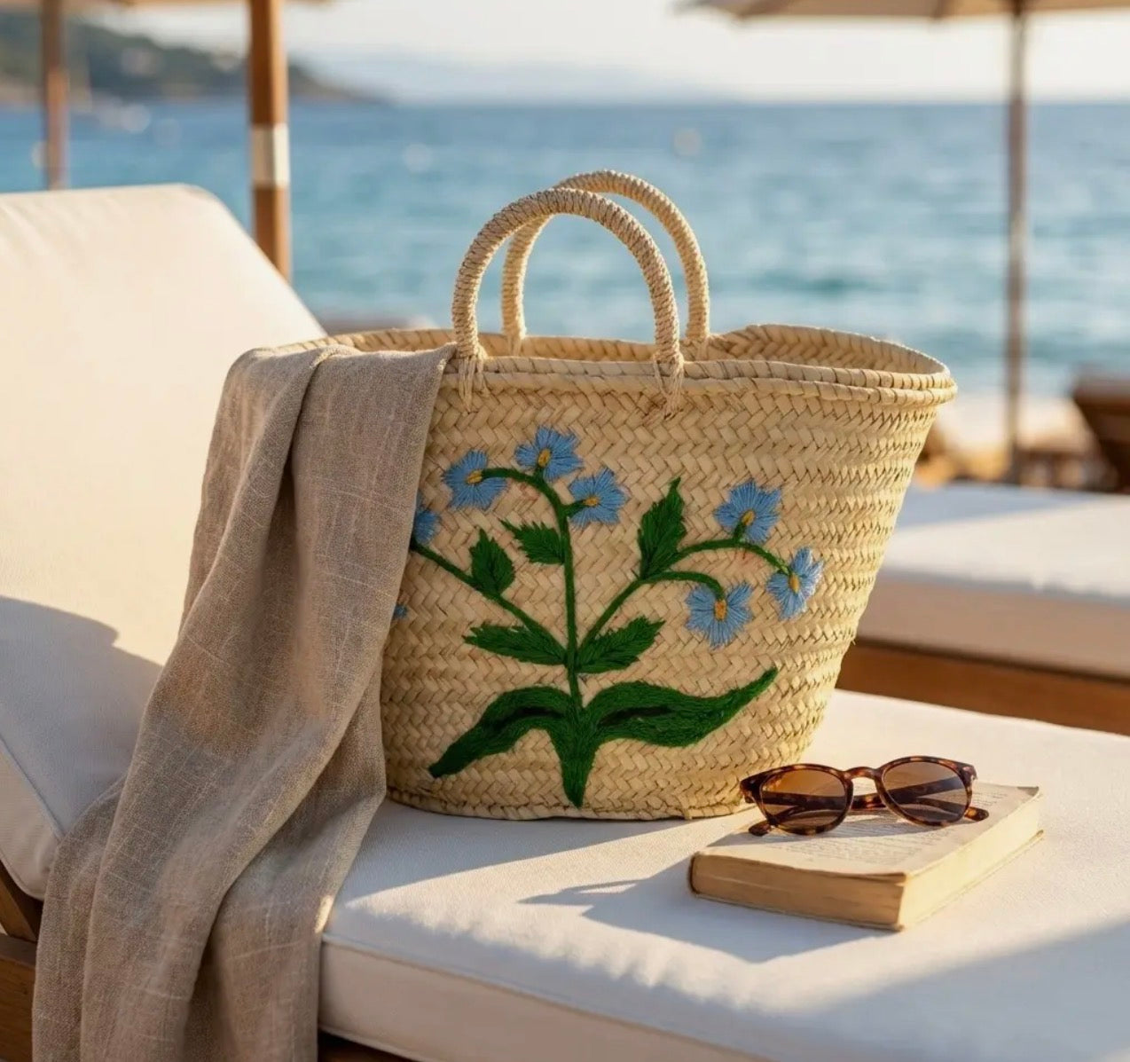 Forget-Me-Not Embroidered Woven Straw Tote Bag