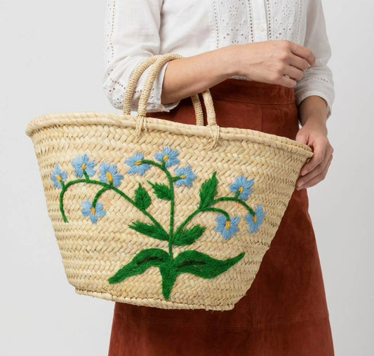 Forget-Me-Not Embroidered Woven Straw Tote Bag