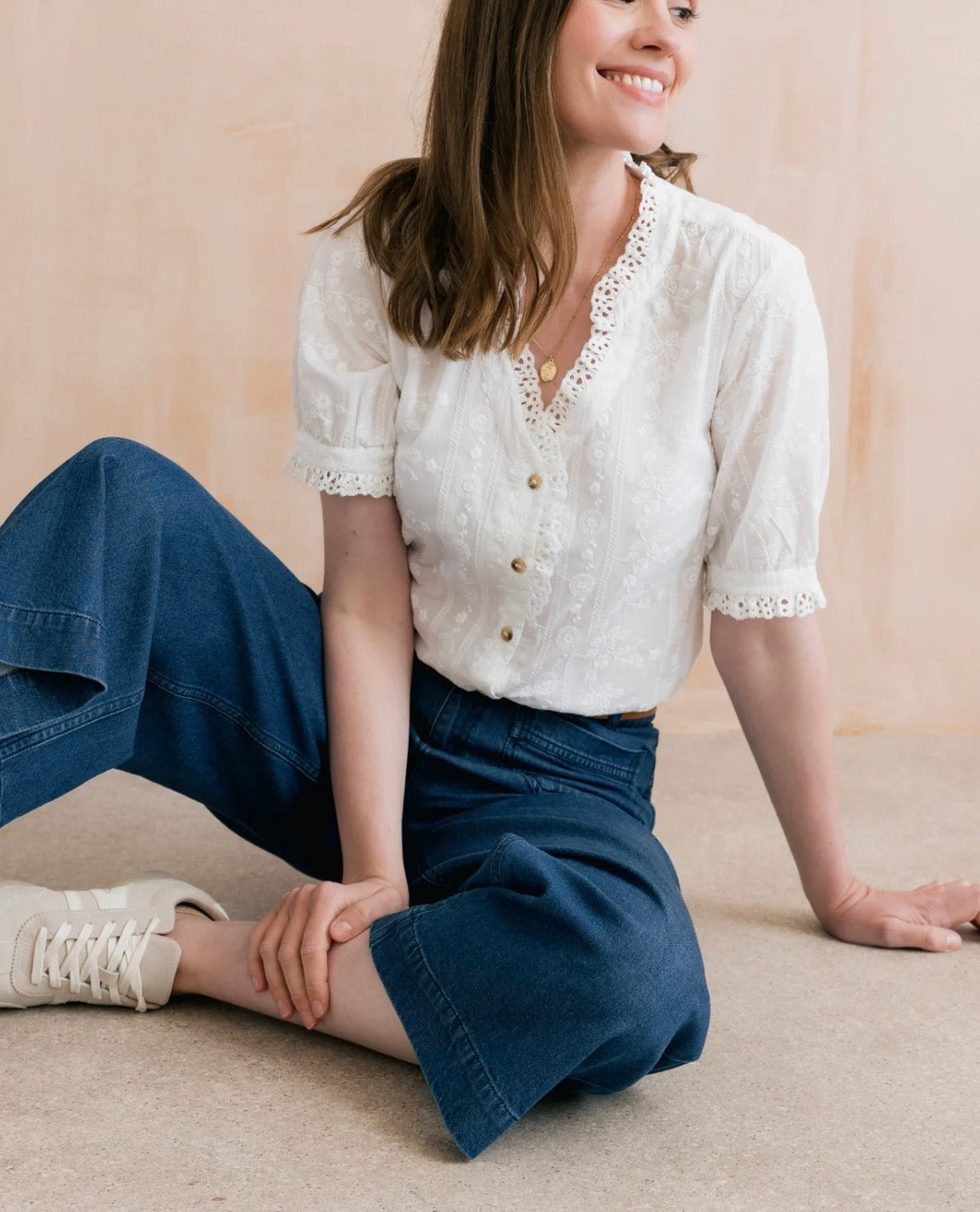 Embroidered Cotton Frill Blouse White