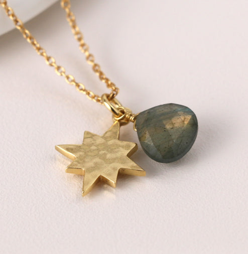 Gold Star & Gemstone Necklace - 14k plated gold & Labradorite stone