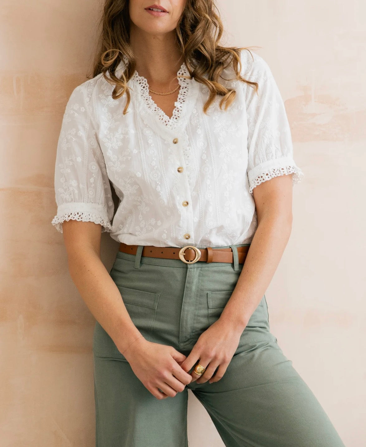 Embroidered Cotton Frill Blouse White
