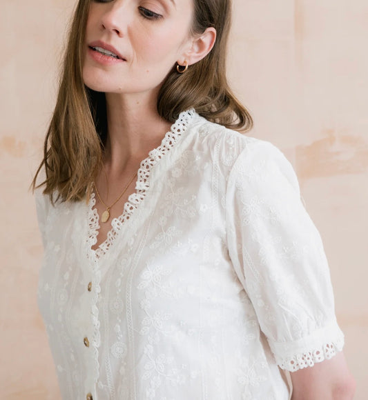 Embroidered Cotton Frill Blouse White