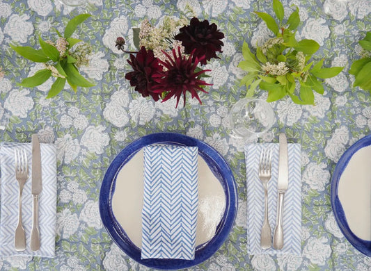 In Bloom Table Cloth - Green and Blue  Hand Printed