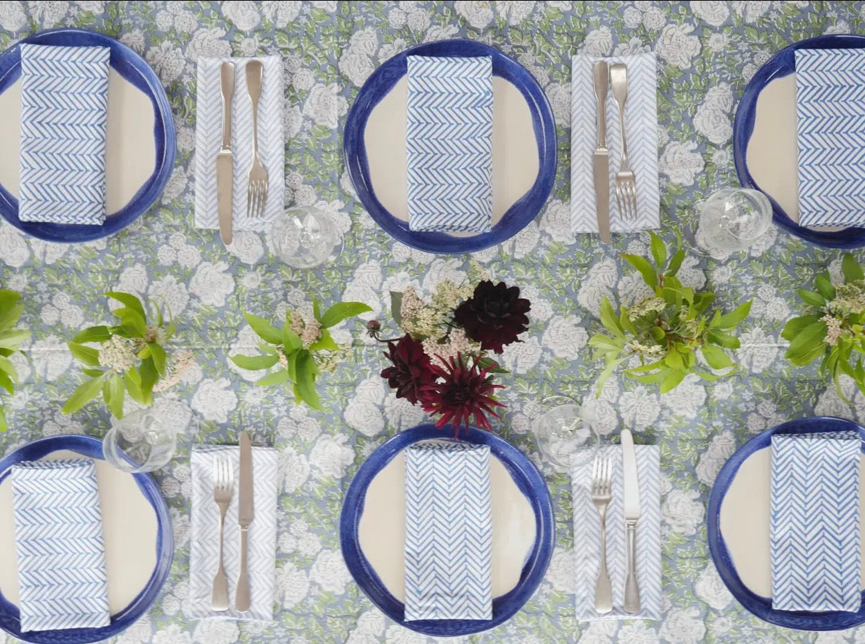 In Bloom Table Cloth - Green and Blue  Hand Printed