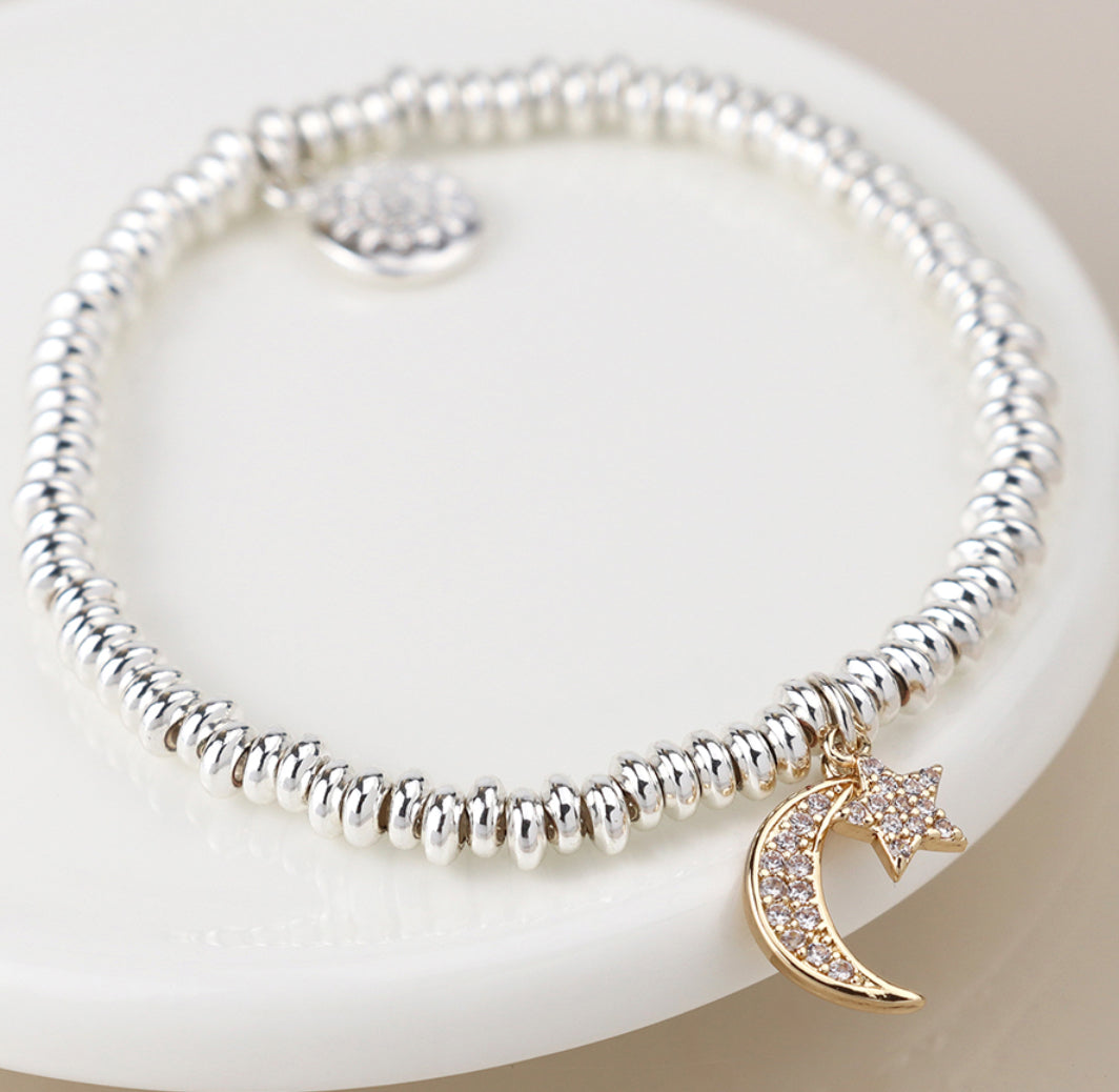 Silver Plated Bracelet Crystal Moon and Star