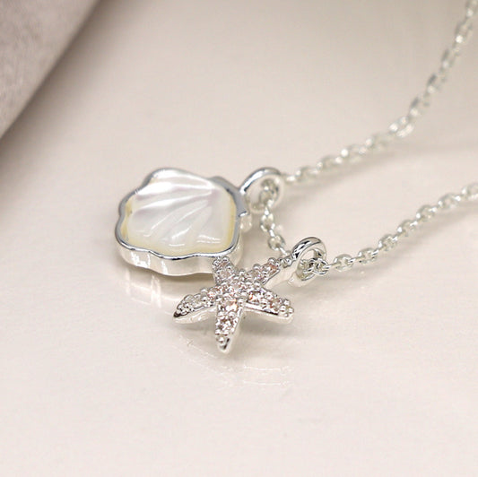 Shell and starfish necklace in silver