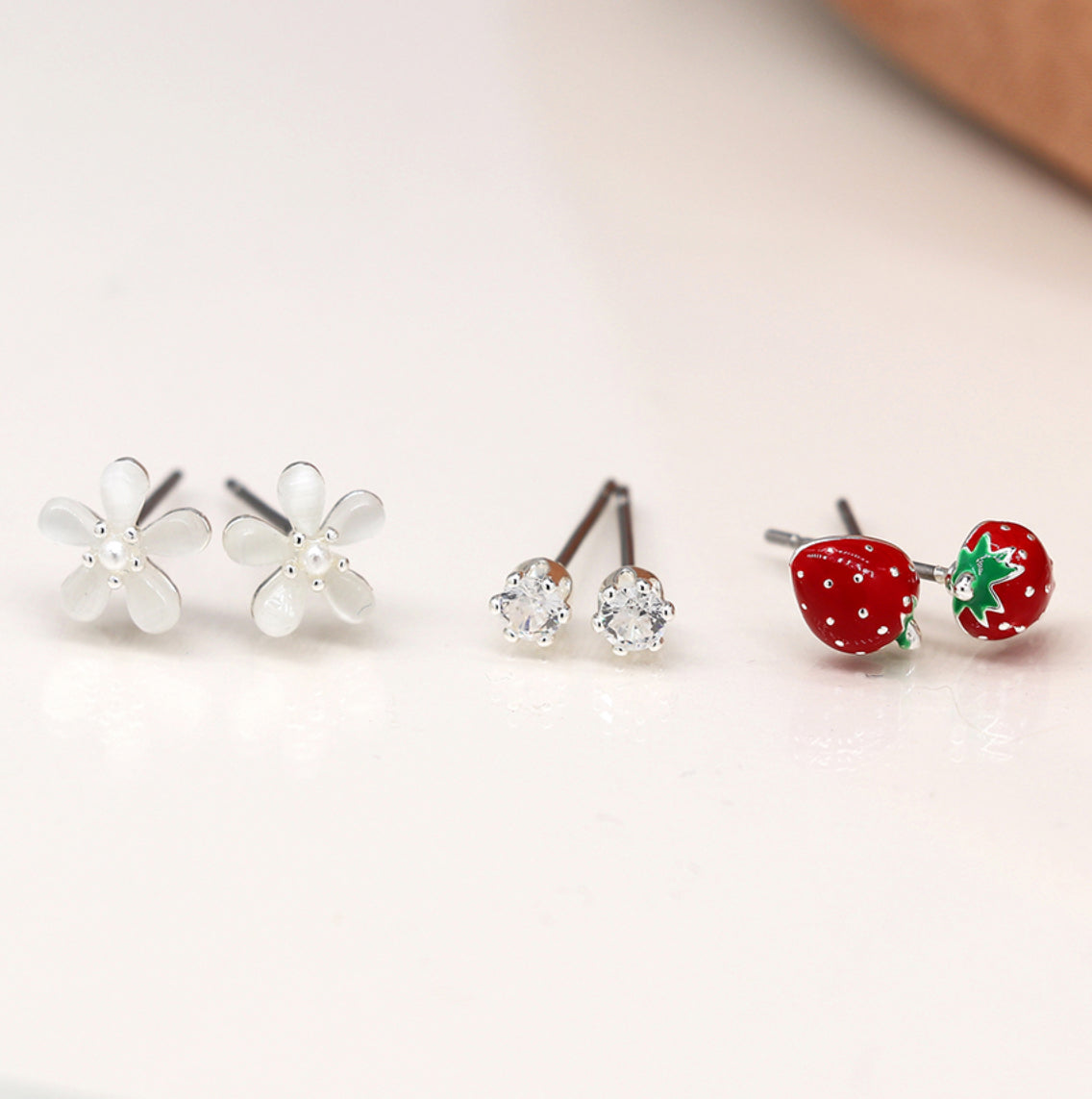 Silver Plated Strawberry and Flower - Triple Silver Stud Set