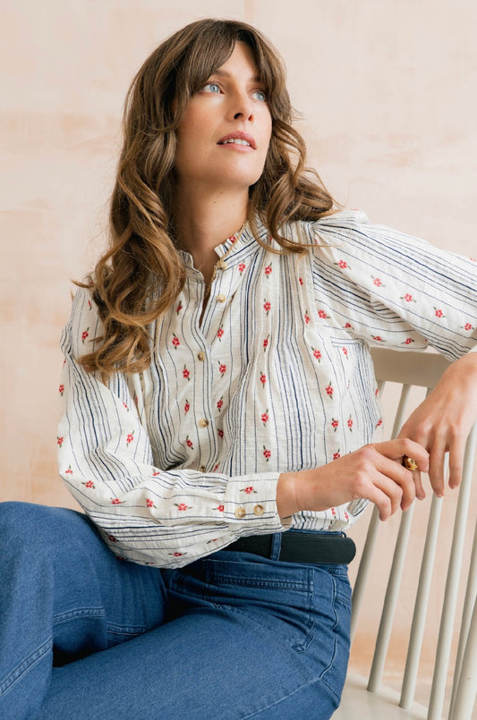 Flora Blouse - Cotton with embroidered Stripe