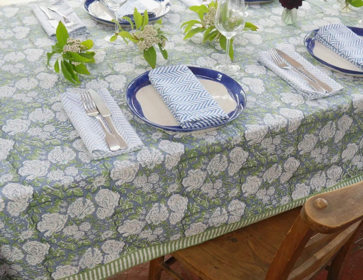 In Bloom Table Cloth - Green and Blue  Hand Printed